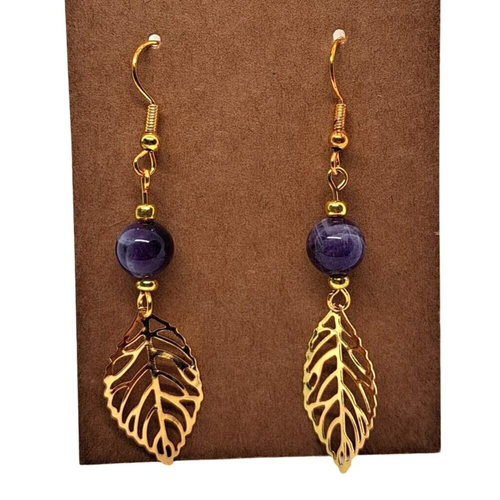 Handmade gold tone leaf shape and amethyst earrings pierced earwire